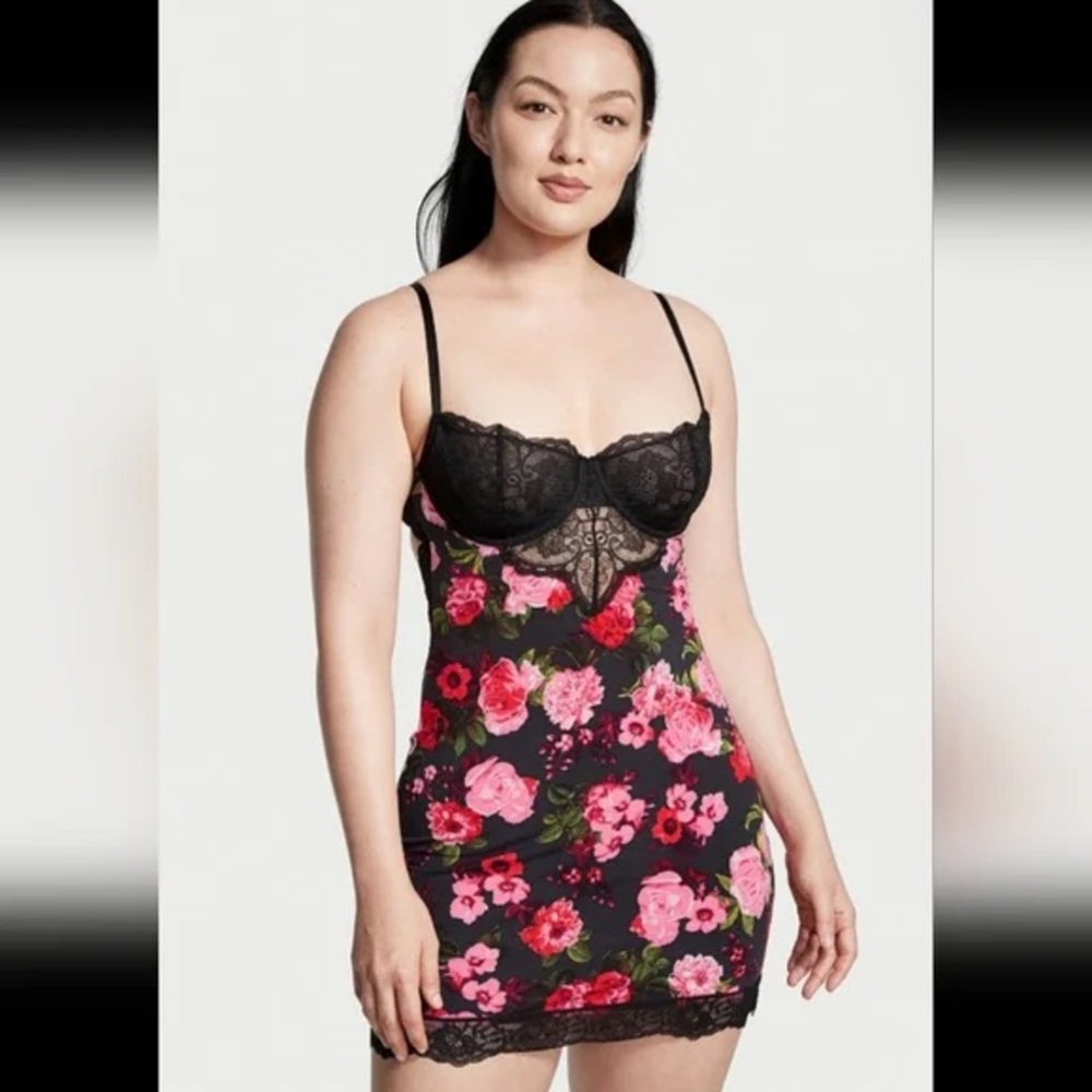 Victoria's Secret Black and Pink Floral Chemise
